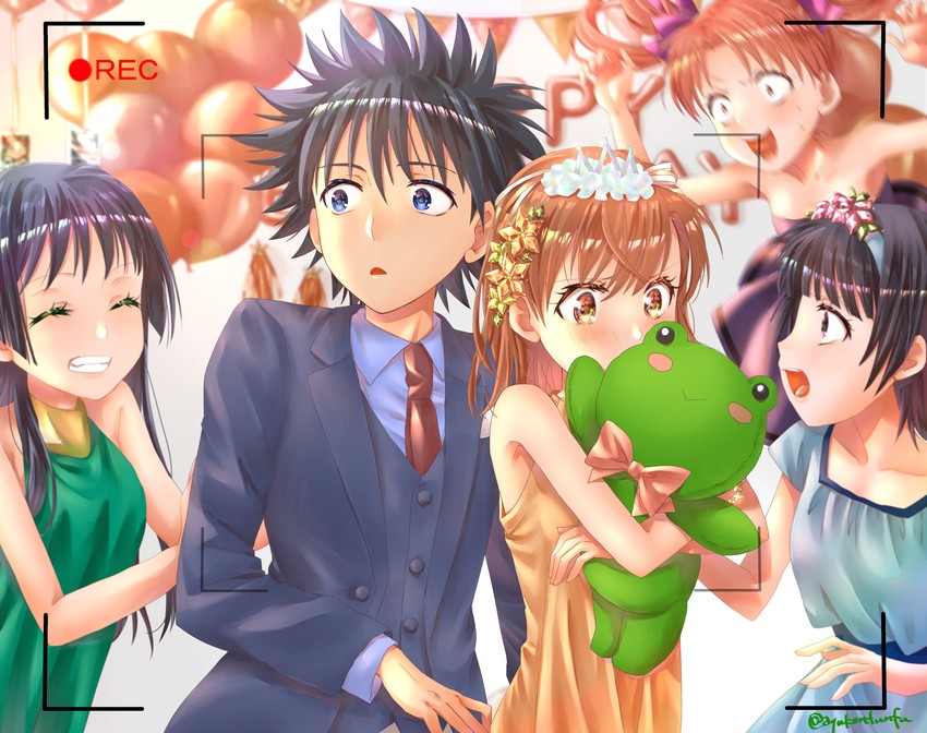 misaka mikoto, shirai kuroko, kamijou touma, saten ruiko, uiharu kazari, and 1 more (toaru majutsu no index and 2 more) drawn by ayuko_(ayuko54bornthisway)