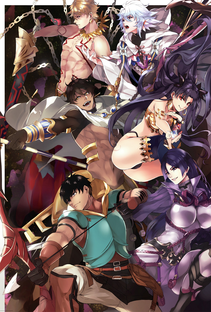 gilgamesh, minamoto no raikou, ishtar, merlin, ozymandias, and 1 more (fate and 1 more) drawn by pvc_parfait
