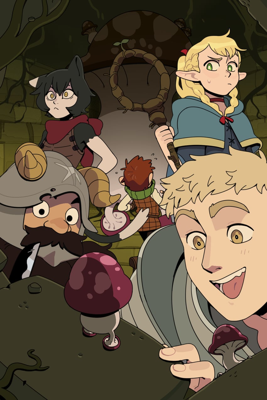 marcille donato, laios touden, senshi, chilchuck tims, and izutsumi (dungeon meshi) drawn by discount-supervillain