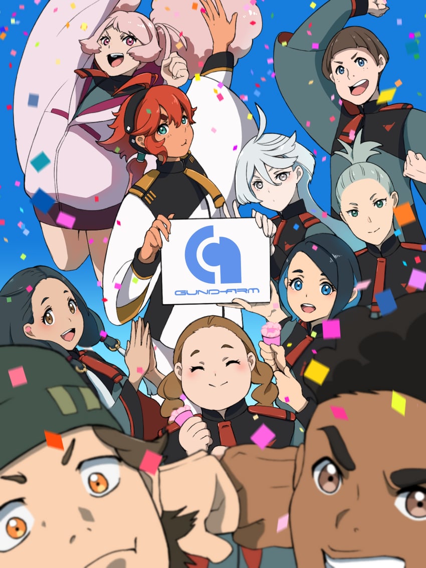 suletta mercury, miorine rembran, chuatury panlunch, nika nanaura, lilique kadoka lipati, and 5 more (gundam and 1 more) drawn by sakai_wau