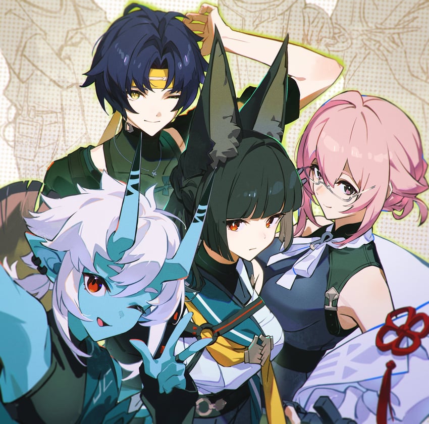 hoshimi miyabi, tsukishiro yanagi, soukaku, and asaba harumasa (zenless zone zero) drawn by teru2307