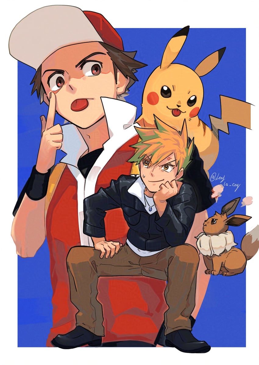 pikachu, red, eevee, and blue oak (pokemon and 2 more) drawn by boba_msize