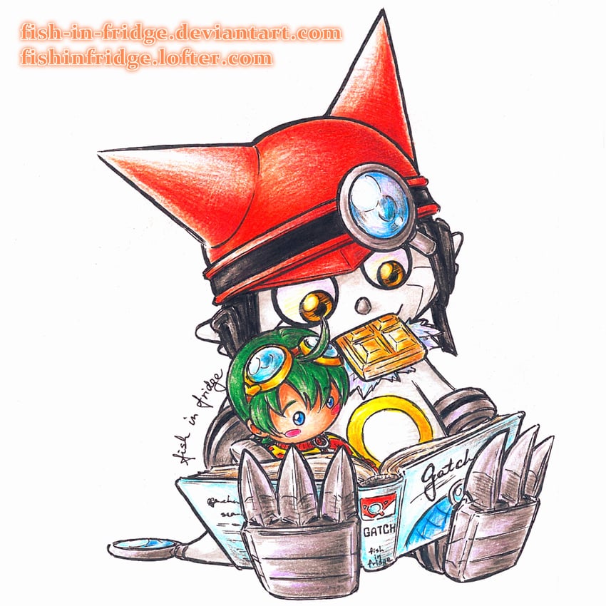 gatchmon and shinkai haru (digimon and 1 more) drawn by fish-in-fridge