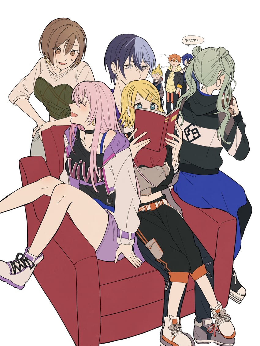 hatsune miku, kagamine rin, kagamine len, megurine luka, kaito, and 8 more (vocaloid and 1 more) drawn by mykisnk
