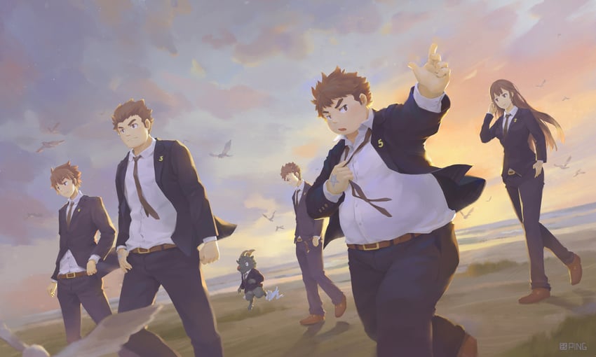 protagonist 3, protagonist 2, protagonist 4, protagonist 1, protagonist 5, and 1 more (tokyo afterschool summoners) drawn by seamonsterping