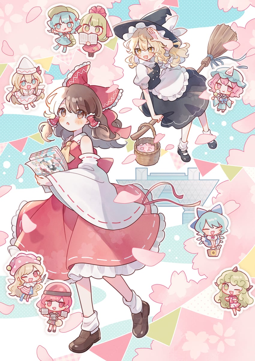 hakurei reimu, kirisame marisa, cirno, saigyouji yuyuko, kawashiro nitori, and 5 more (touhou and 1 more) drawn by nig_18