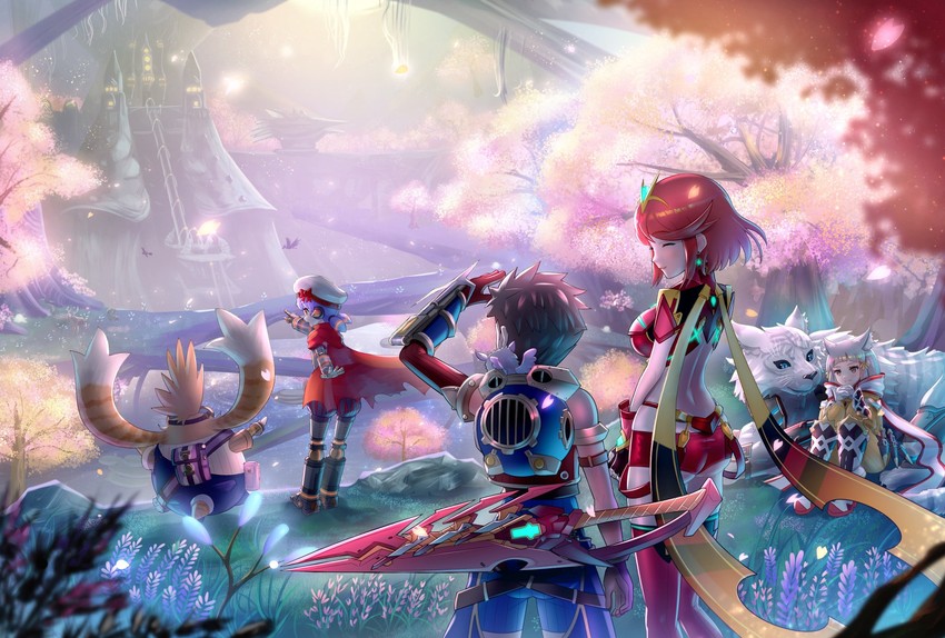 pyra, nia, rex, poppi, tora, and 2 more (xenoblade chronicles and 1 more) drawn by gonzarez