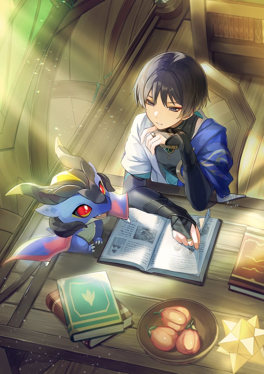 scaramouche, wanderer, and mini durin (genshin impact) drawn by okkobc
