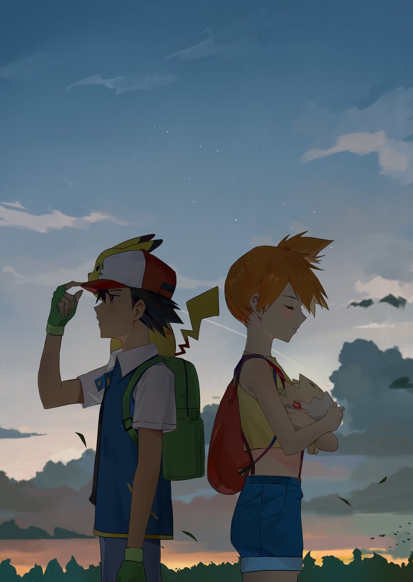 pikachu, ash ketchum, misty, and togepi (pokemon) drawn by zzz_zhi_he