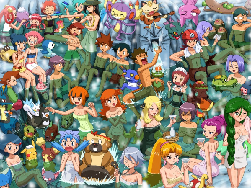pikachu, gardevoir, dawn, cynthia, ash ketchum, and 56 more (pokemon and 1 more) drawn by pokemoa
