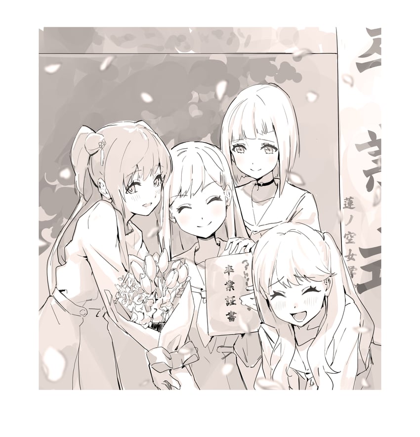 fujishima megumi, otomune kozue, yugiri tsuzuri, and ogami sachi (love live! and 1 more) drawn by moshi_(0364p)