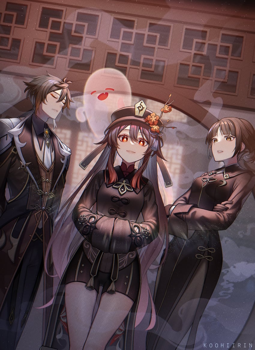 hu tao, zhongli, boo tao, and ferrylady (genshin impact) drawn by cofyrin
