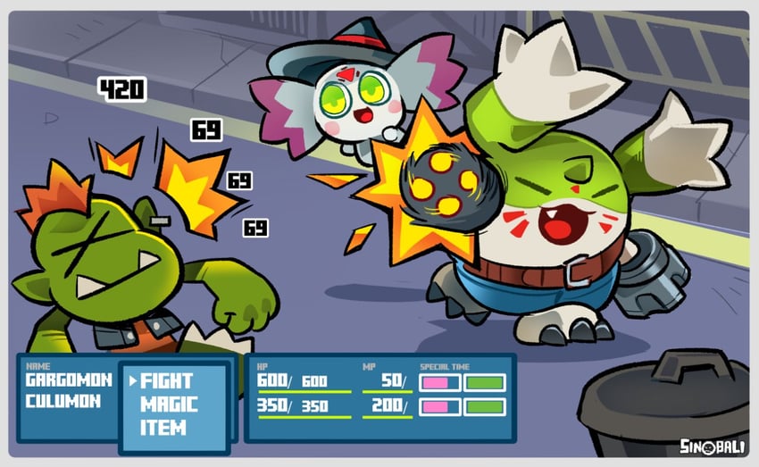 culumon, goburimon, and galgomon (final fantasy and 1 more) drawn by sinobali