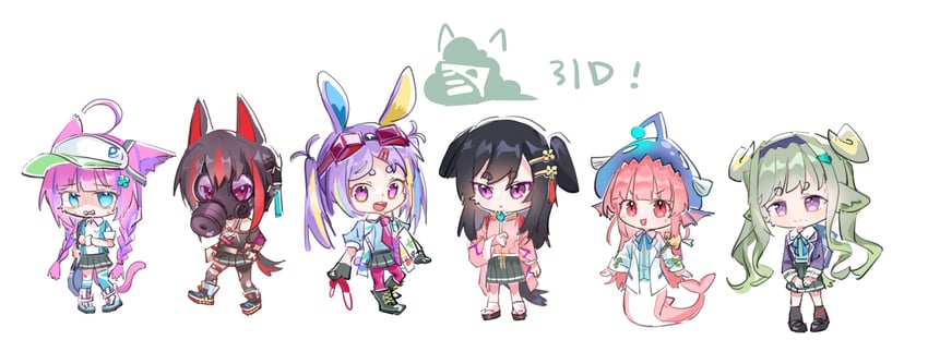 nikaidou misato, date akari, mikoto fubuki, ishii iroha, murohushi risa, and 1 more (heaven burns red) drawn by rantan_0925