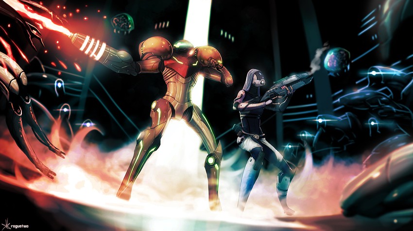 samus aran, metroid, metroid larva, and tali'zorah (metroid and 2 more) drawn by roguetwo