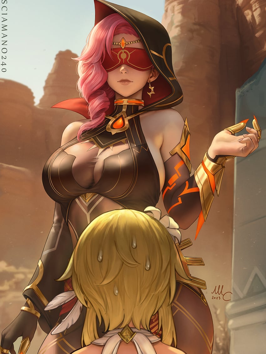 lumine, eremite scorching loremaster, and babel (genshin impact) drawn by sciamano240