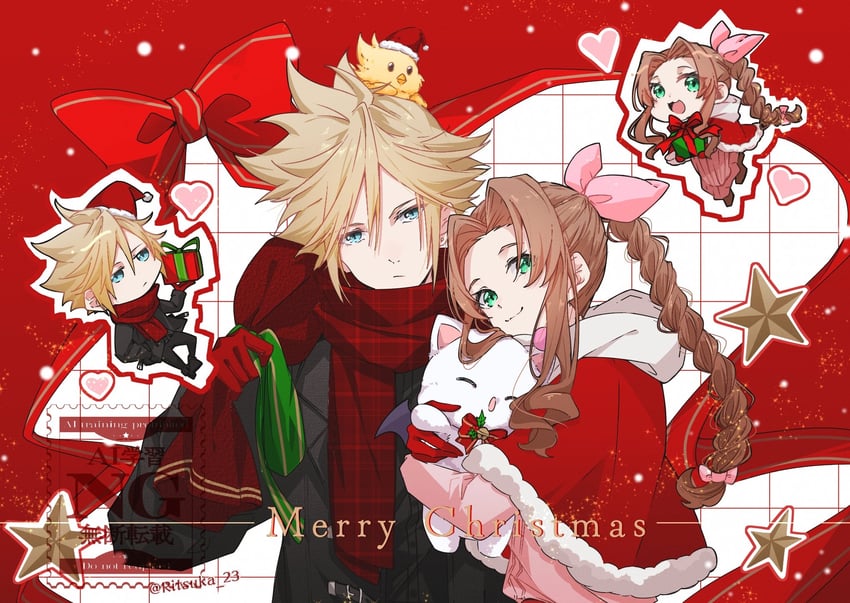 cloud strife, aerith gainsborough, and moogle (final fantasy and 2 more) drawn by rituka