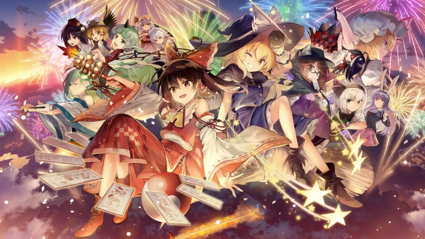 hakurei reimu, kirisame marisa, remilia scarlet, izayoi sakuya, kochiya sanae, and 8 more (touhou and 1 more) drawn by yuki_(popopo)