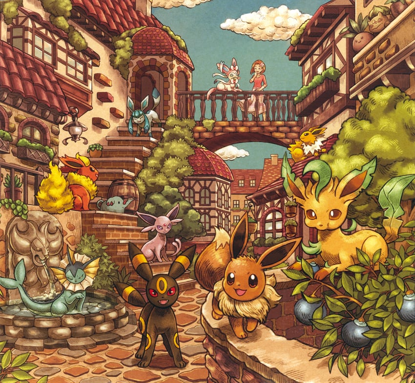 eevee, sylveon, umbreon, glaceon, bulbasaur, and 10 more (pokemon and 2 more) drawn by matsuri_(matsuike)