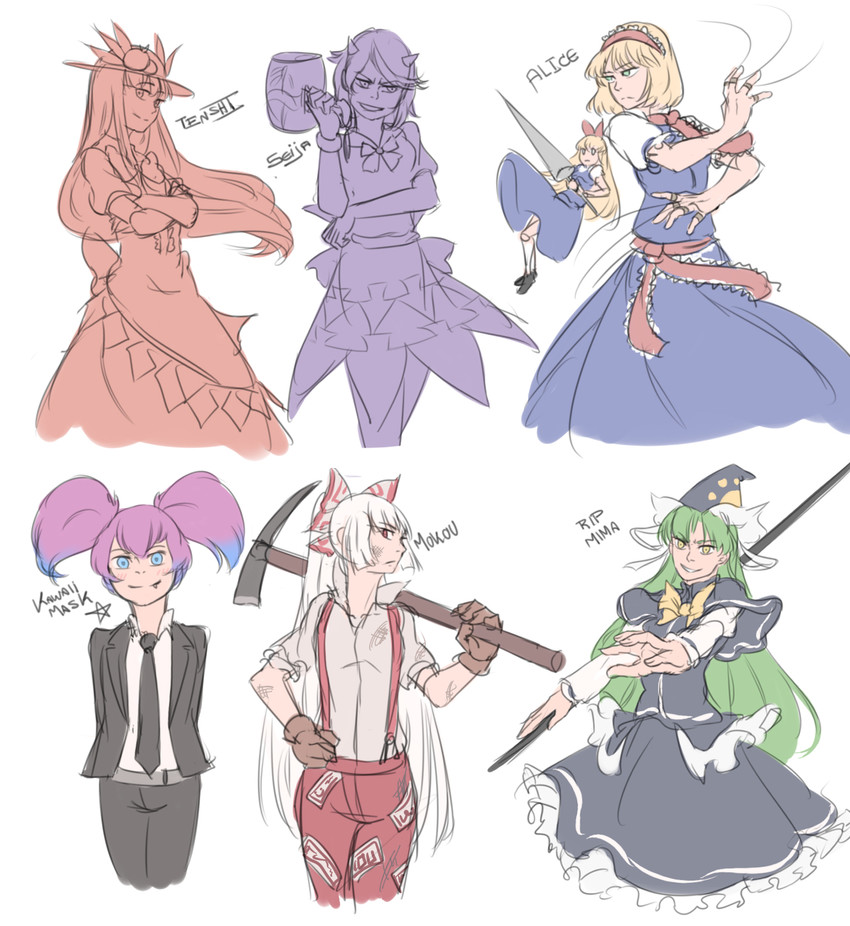 alice margatroid, fujiwara no mokou, hinanawi tenshi, shanghai doll, kijin seija, and 1 more (touhou and 2 more) drawn by mefomefo