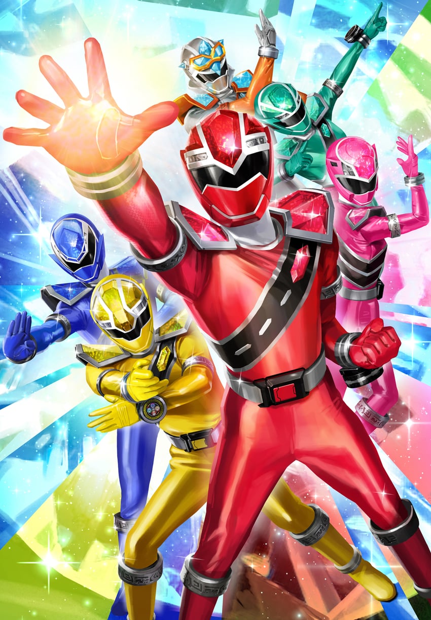 kiramei green, kiramei pink, kiramei red, kiramei blue, kiramei silver, and 1 more (super sentai and 1 more) drawn by kuchibiru_keisuke