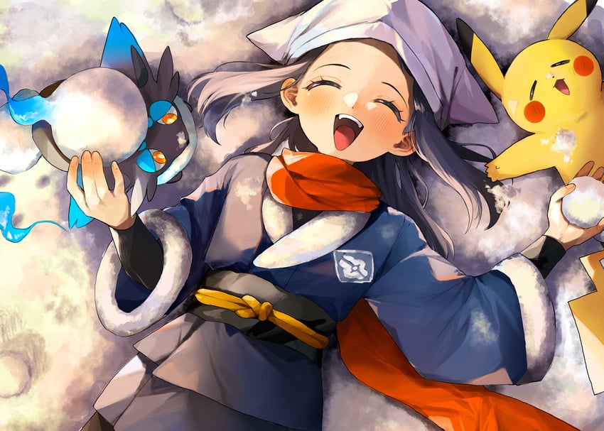 pikachu, akari, and hisuian zorua (pokemon and 1 more) drawn by fukuzawa_(huku486)