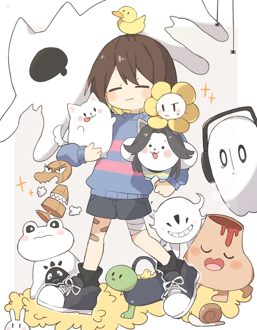 frisk, flowey, annoying dog, napstablook, temmie, and 7 more (undertale) drawn by nano_mochi