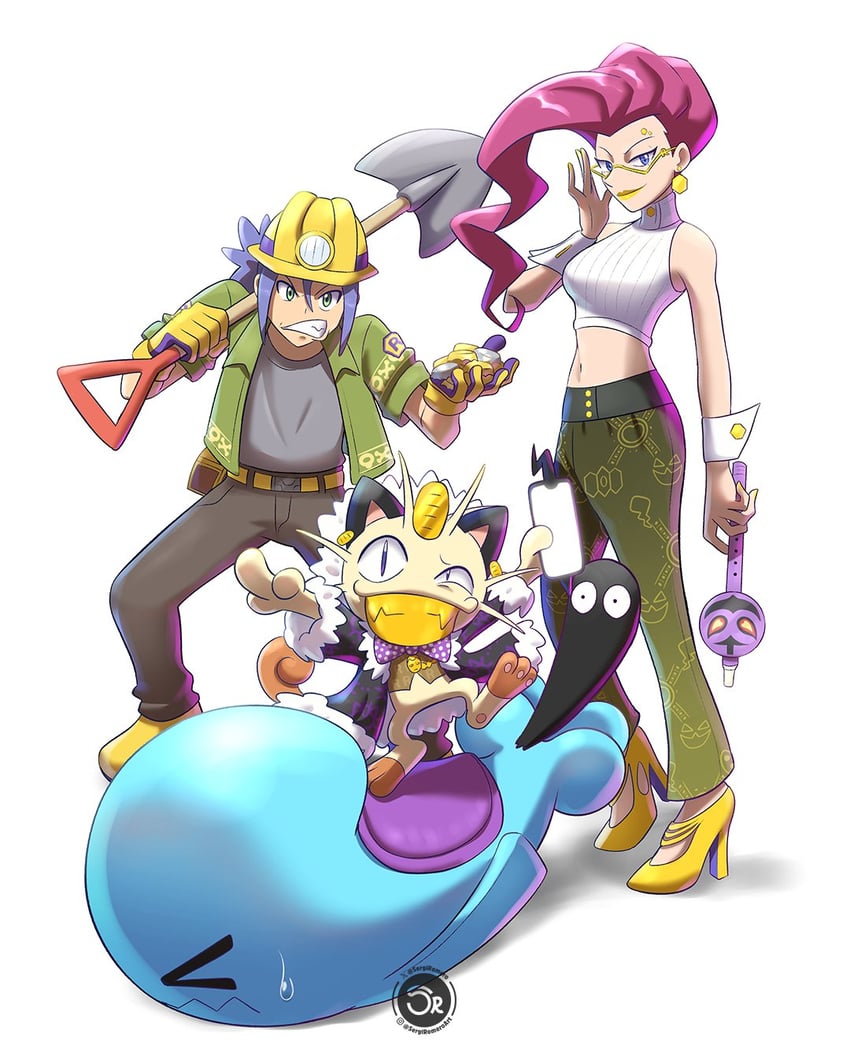 rotom, rotom phone, jessie, james, meowth, and 4 more (pokemon and 2 more) drawn by sergiromero