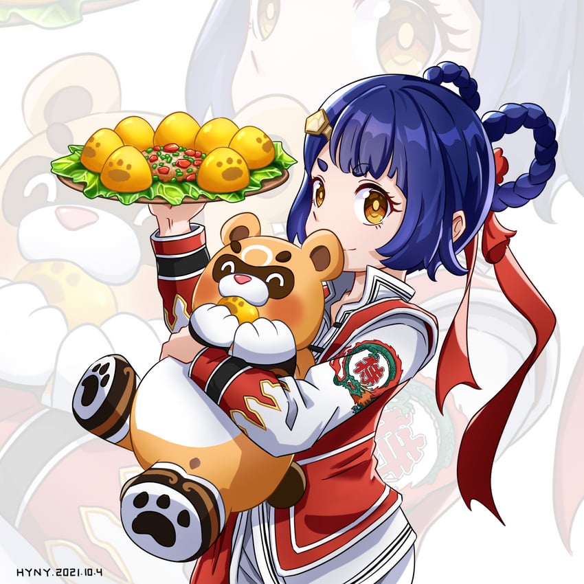 xiangling, guoba, and liu mao xing (genshin impact and 1 more) drawn by hyny