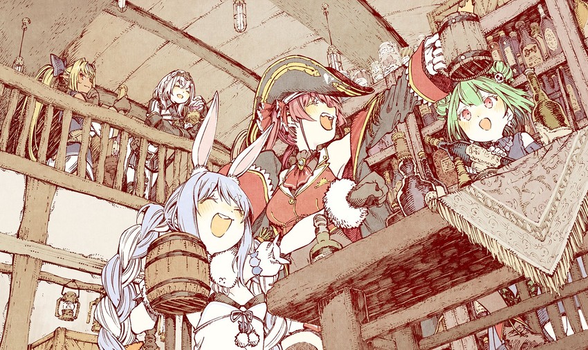 houshou marine, usada pekora, shirogane noel, uruha rushia, shiranui flare, and 1 more (hololive) drawn by abara_heiki