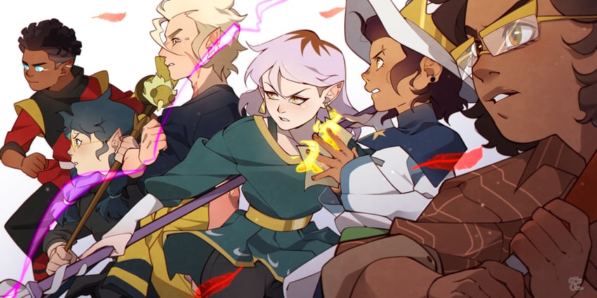 luz noceda, amity blight, hunter, willow park, gus porter, and 1 more (the owl house) drawn by omy-chan