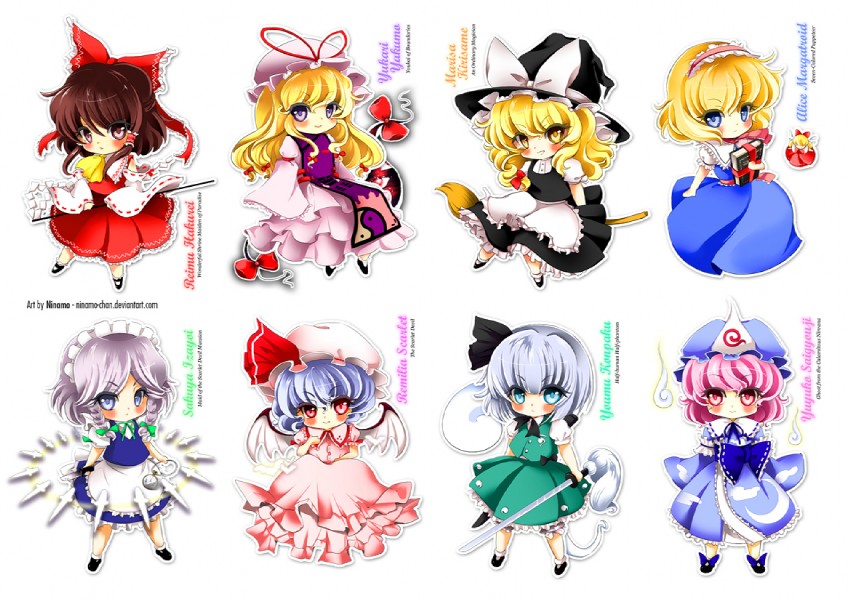 hakurei reimu, kirisame marisa, remilia scarlet, izayoi sakuya, konpaku youmu, and 3 more (touhou and 1 more) drawn by ninamo