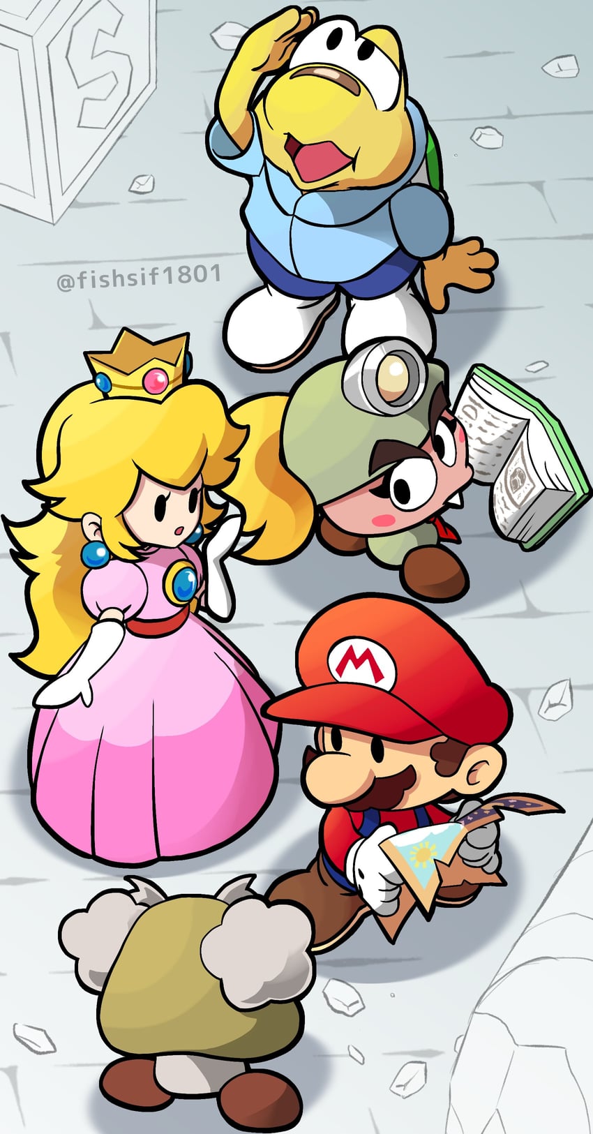 princess peach, mario, paper mario, goombella, paper peach, and 2 more (mario and 2 more) drawn by fishsif1801