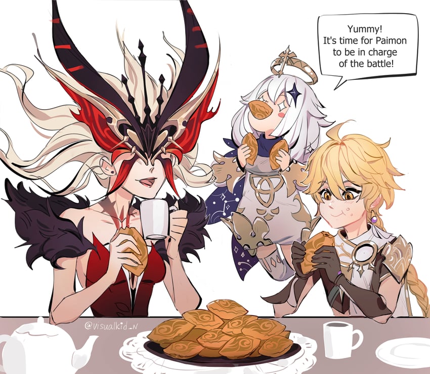 aether, paimon, and signora (genshin impact) drawn by visualkid_n