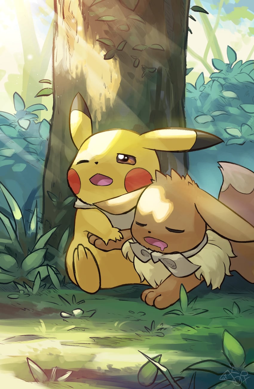 pikachu and eevee (pokemon) drawn by yamaori_(hakkentai_pokedan)