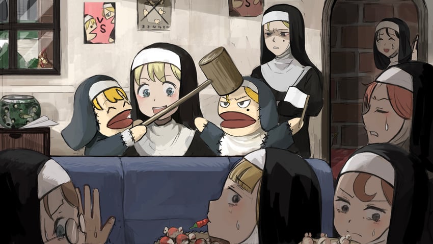 clumsy nun, froggy nun, spicy nun, strict nun, glasses nun, and 2 more (little nuns) drawn by diva_(hyxpk)