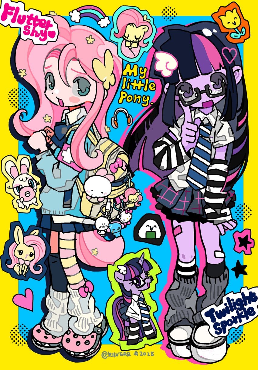 hello kitty, twilight sparkle, fluttershy, sci-twi, and angel bunny (sanrio and 4 more) drawn by riiverr