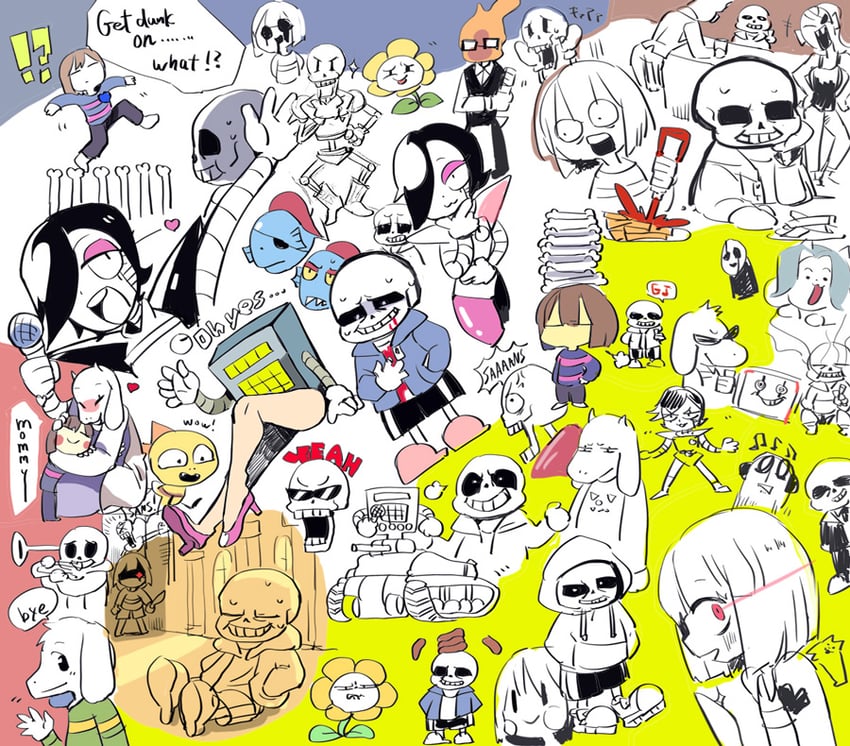 frisk, chara, sans, papyrus, undyne, and 10 more (undertale) drawn by terada_tera