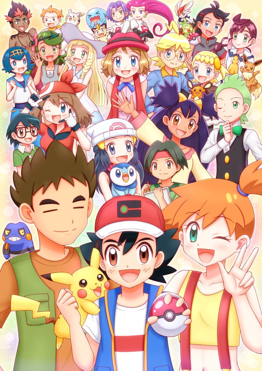 pikachu, dawn, lillie, may, ash ketchum, and 26 more (pokemon and 6 more) drawn by niwatori_(syamo_chamo)