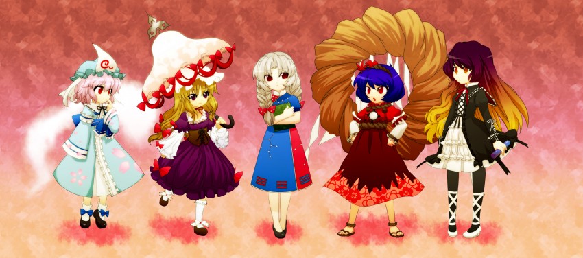 yakumo yukari, saigyouji yuyuko, hijiri byakuren, yasaka kanako, and yagokoro eirin (touhou) drawn by shimomoto