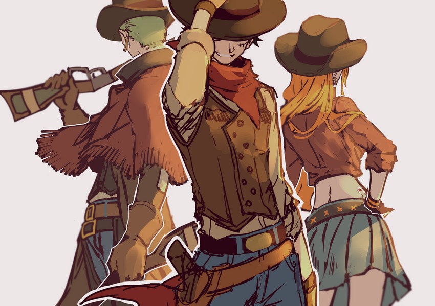 nami, monkey d. luffy, and roronoa zoro (one piece) drawn by akazu_kieshi