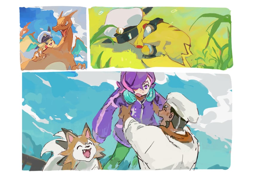 pikachu, charizard, lycanroc, dot, captain pikachu, and 1 more (pokemon and 1 more) drawn by maumaujanken