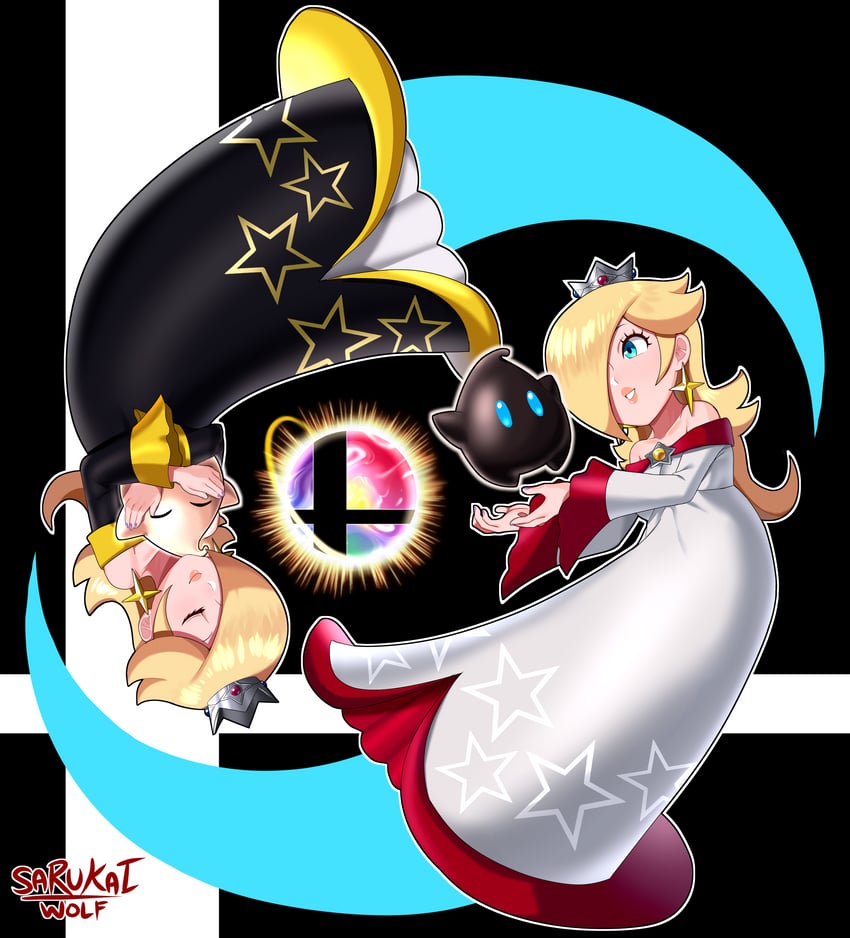 rosalina, luma, and polari (mario and 2 more) drawn by sarukaiwolf