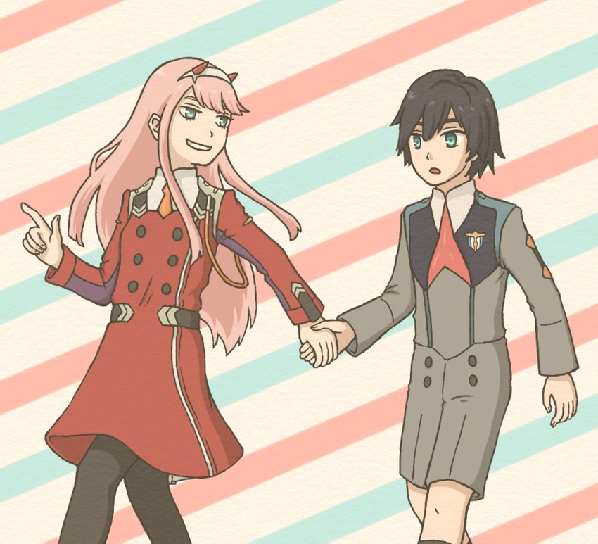zero two and hiro (darling in the franxx) drawn by 3chi_clbss2d