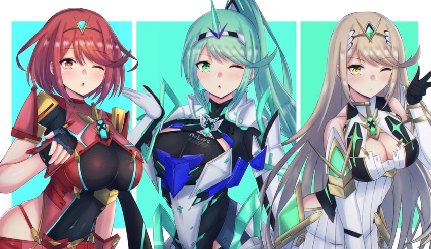 pyra, mythra, and pneuma (xenoblade chronicles and 1 more) drawn by latte_(latte_daruta2)