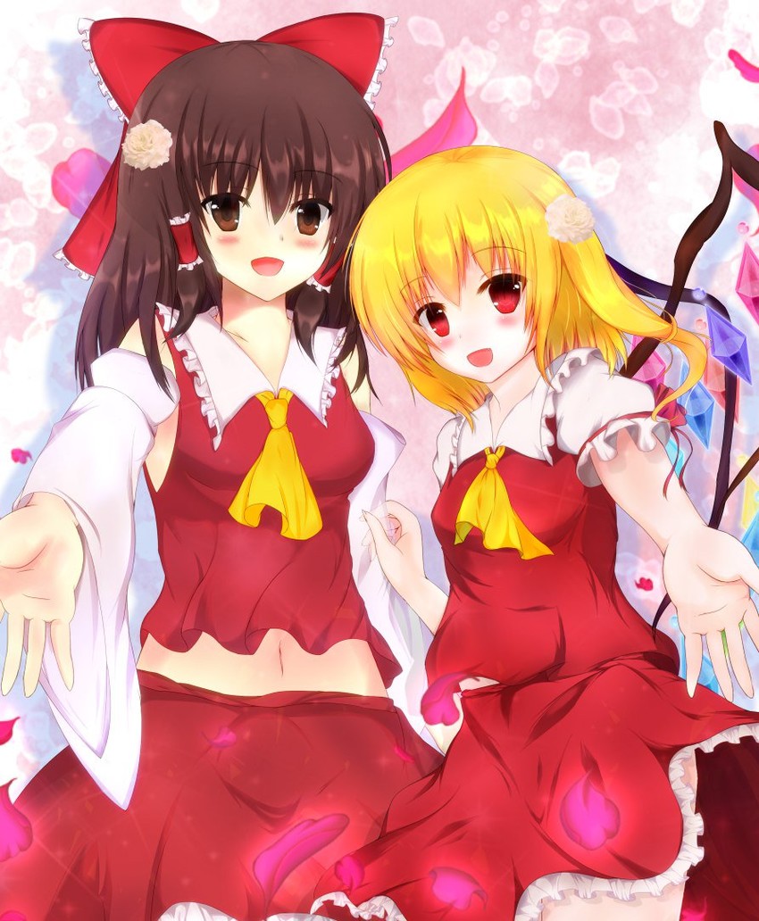 hakurei reimu and flandre scarlet (touhou) drawn by kaji_(galaxygandamu)