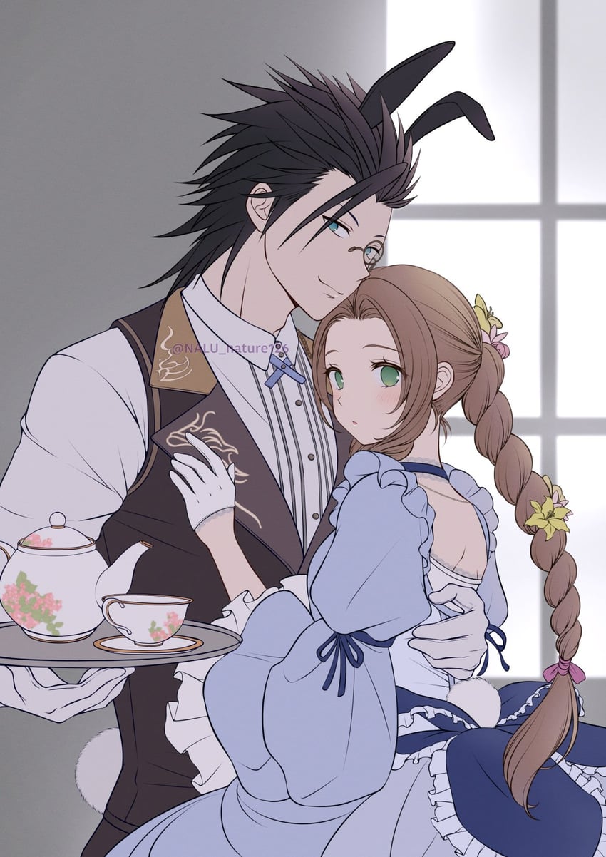 aerith gainsborough and zack fair (final fantasy and 2 more) drawn by nalu