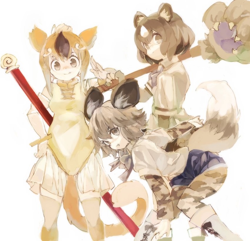 brown bear, golden snub-nosed monkey, and african wild dog (kemono friends) drawn by konabetate