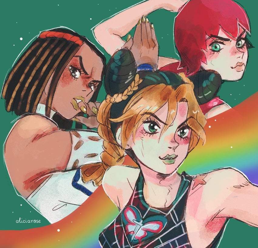 kujo jolyne, foo fighters, and ermes costello (jojo no kimyou na bouken and 1 more) drawn by alicia_rose