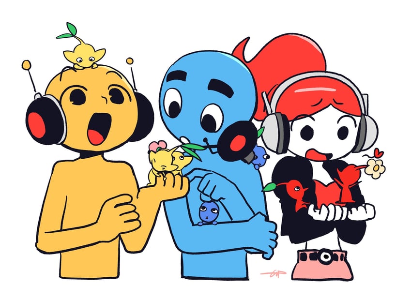 red pikmin, yellow pikmin, blue pikmin, dj yellow, student, and 1 more (pikmin and 1 more) drawn by jangbar_rhythm